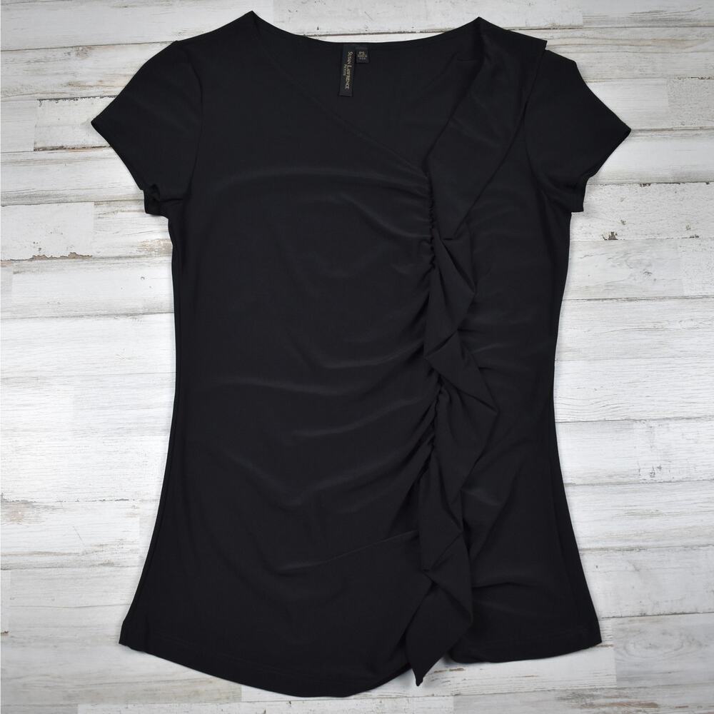 Y2K Vintage Women's Petite Small Short Sleeve Ruffle Front Black Blouse Top